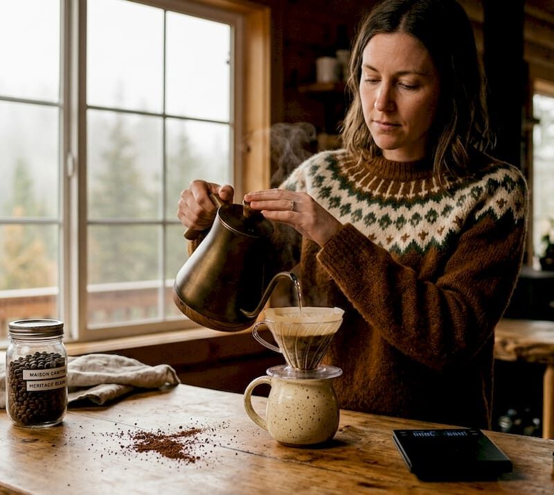 Woman brewing pour-over coffee in sunlit home kitchen