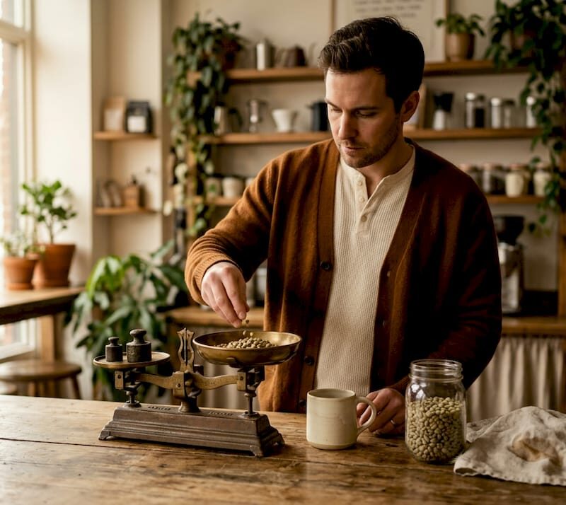 Coffee enthusiast preparing beans in home kitchen