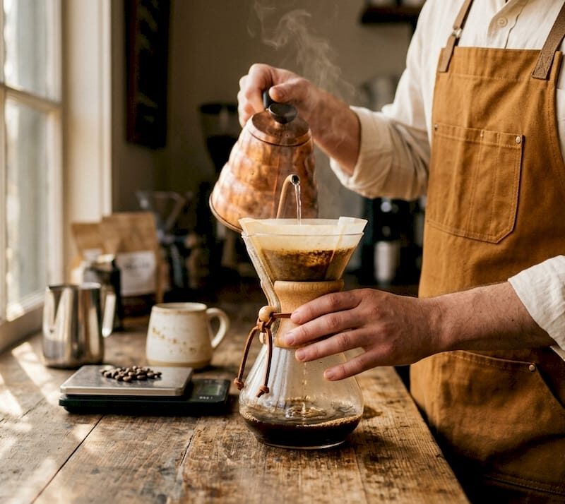 Close-up of coffee bloom forming in Chemex