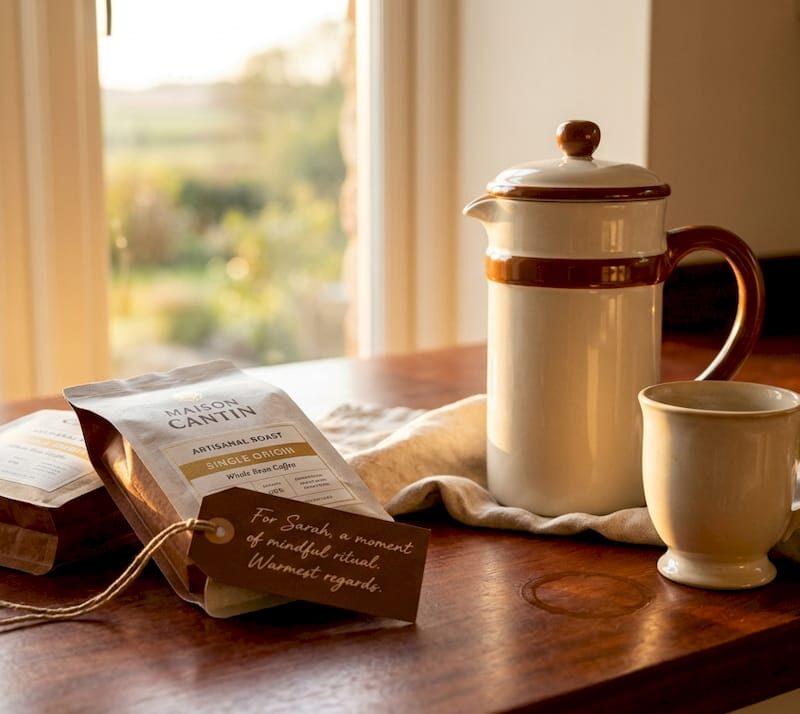 Luxury coffee gift set on kitchen counter