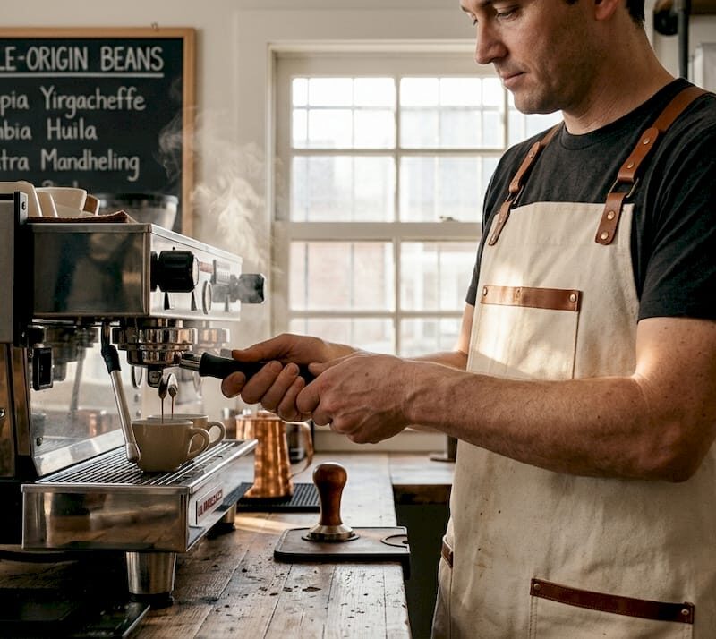 Barista preparing specialty espresso shot on machine