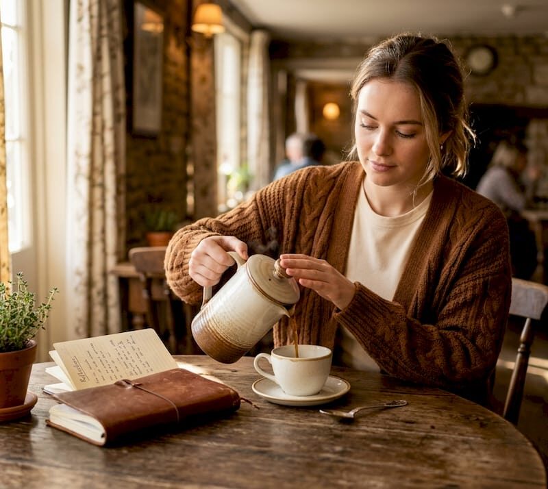 Woman practicing mindful coffee ritual at kitchen table