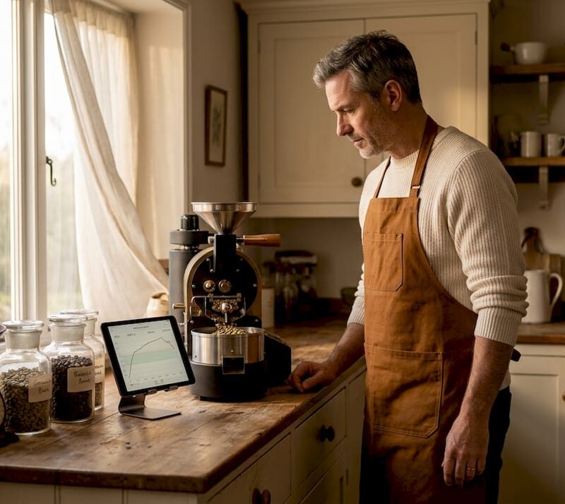 Home coffee roasting process with man
