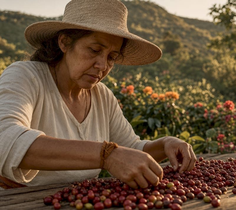 Arabica coffee farmer sorting ripe cherries