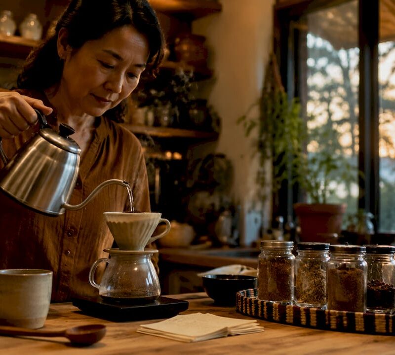 Woman brewing organic wellness coffee at home