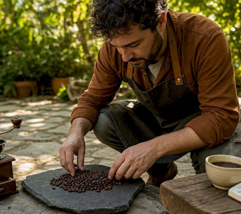 Coffee expert examining roasted Arabica beans on table