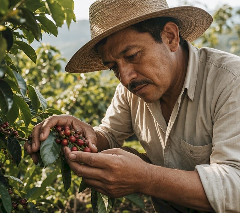 Coffee farmer inspecting organic Arabica cherries outdoors