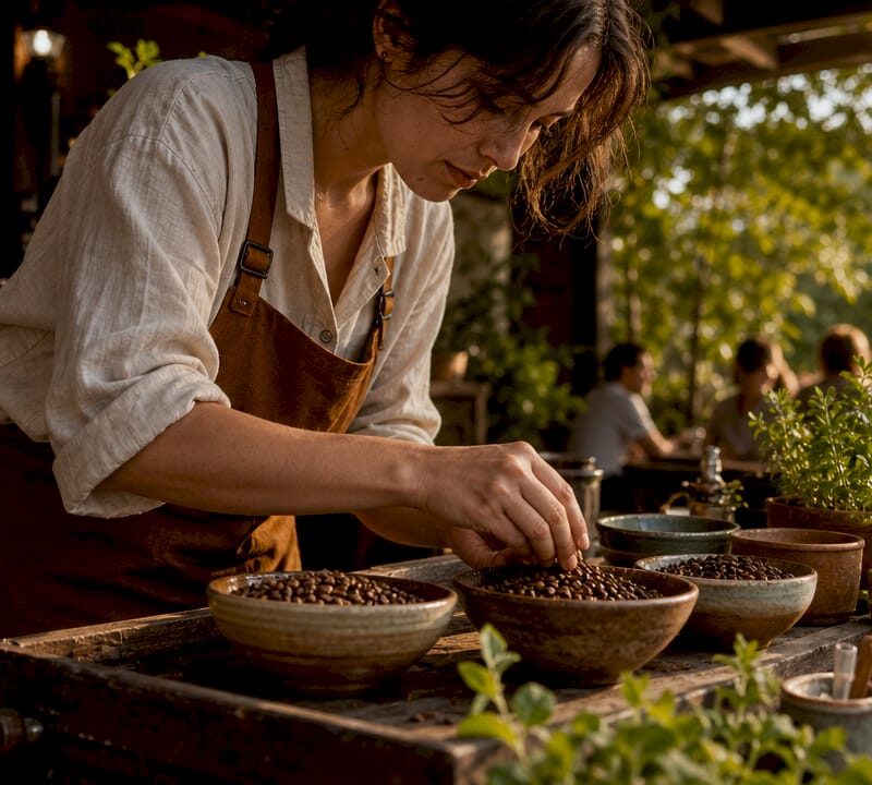 Barista measuring coffee beans at counter