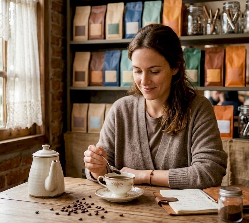 Coffee buyer tasting specialty coffee in bright room