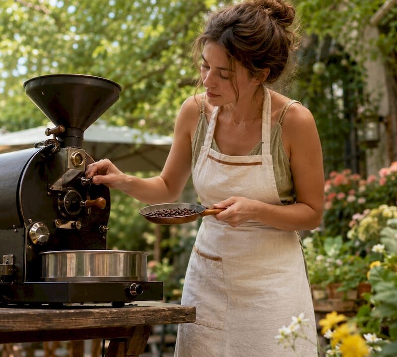 Artisan monitoring small batch coffee roasting
