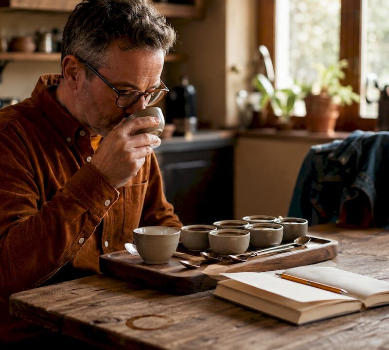 Man tasting coffee at café table